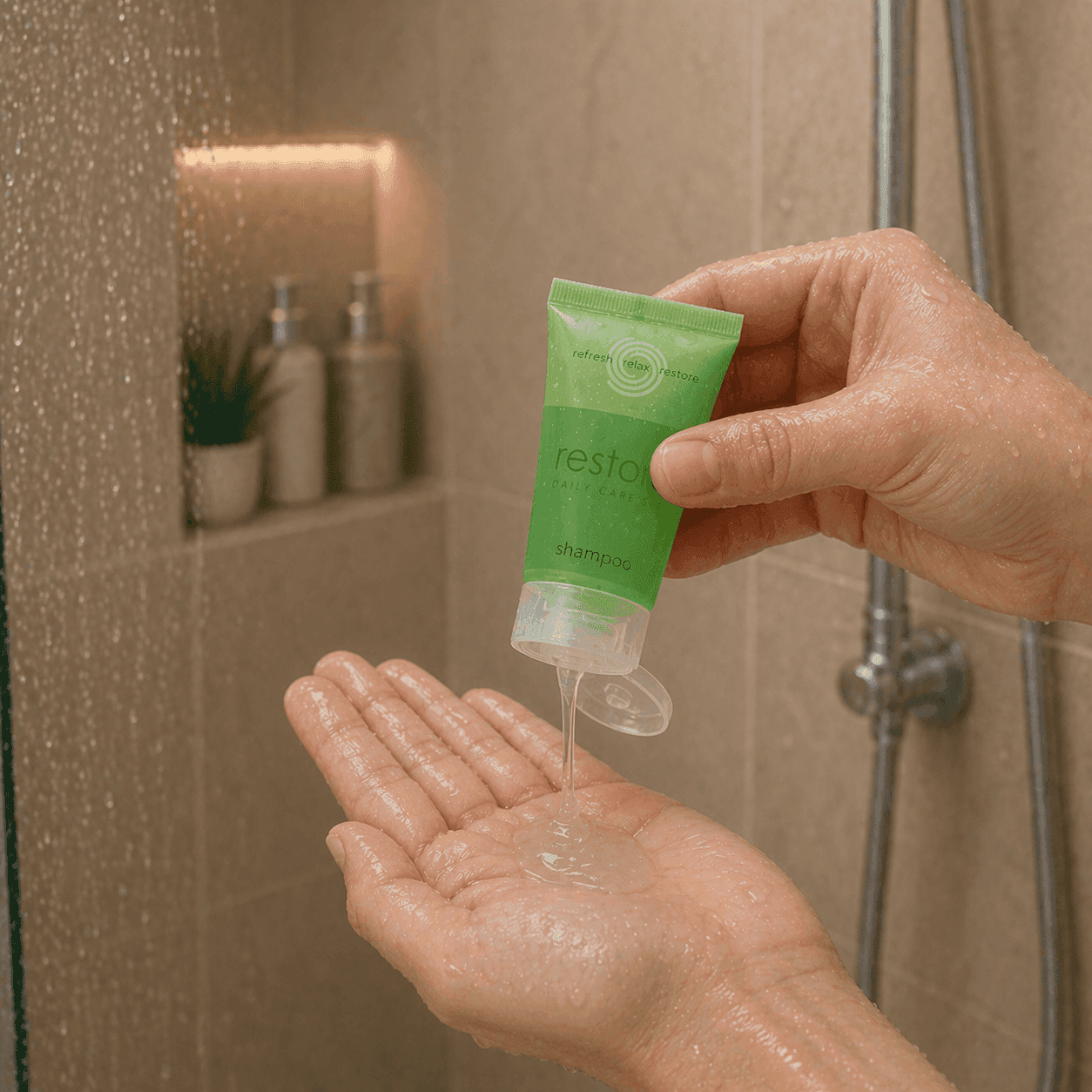Close-up of a person dispensing a small Restore shampoo tube into their hand in a hotel shower, with water droplets, warm lighting, and a soft spa-like marble background.