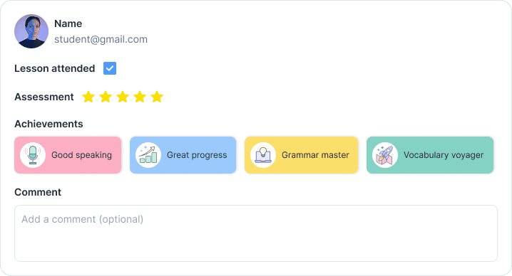 end lesson modal in edio with attendance, rating, and achievements