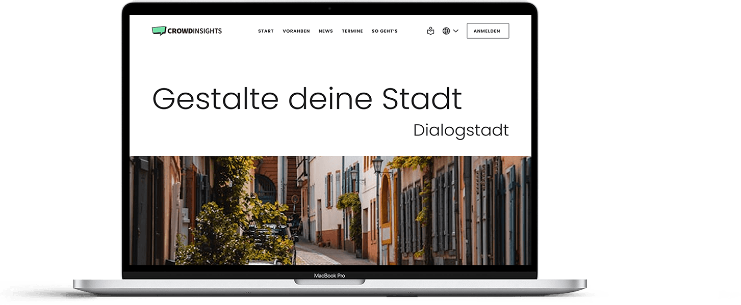 Screenshot der CrowdInsights-Beteiligungsplattform „Dialogstadt“, digitale Beteiligungsdemo zur Erfassung und Auswertung von Bürgerbeiträgen.