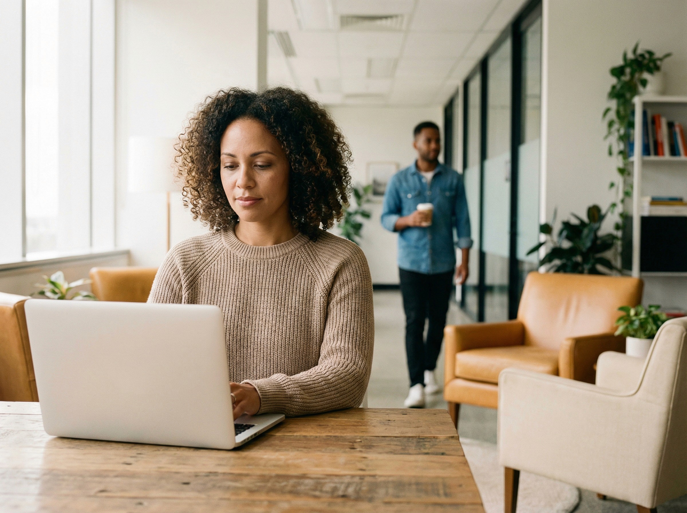A woman in her 30s sitting in a quiet breakout space at work, typing on a laptop with a calm, focused expression — as though she's writing something important and private. A second person, slightly blurred in the background, is walking past in the corridor, giving the scene a sense of everyday workplace life continuing around a private moment. The scene captures the feeling of having a safe, accessible channel to raise a concern — not dramatic or distressed, just someone using a system that exists and works.