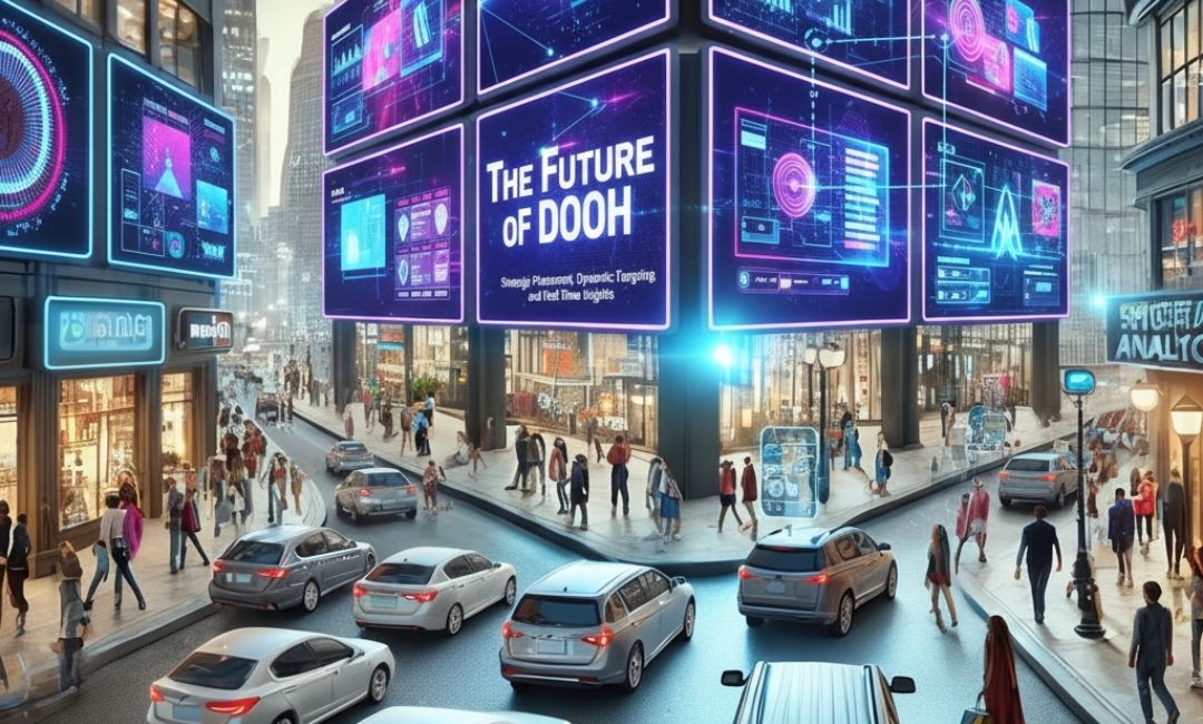 Futuristic urban street with digital out-of-home billboards showing real-time data dashboards and the text “The Future of DOOH,” surrounded by cars and pedestrians.