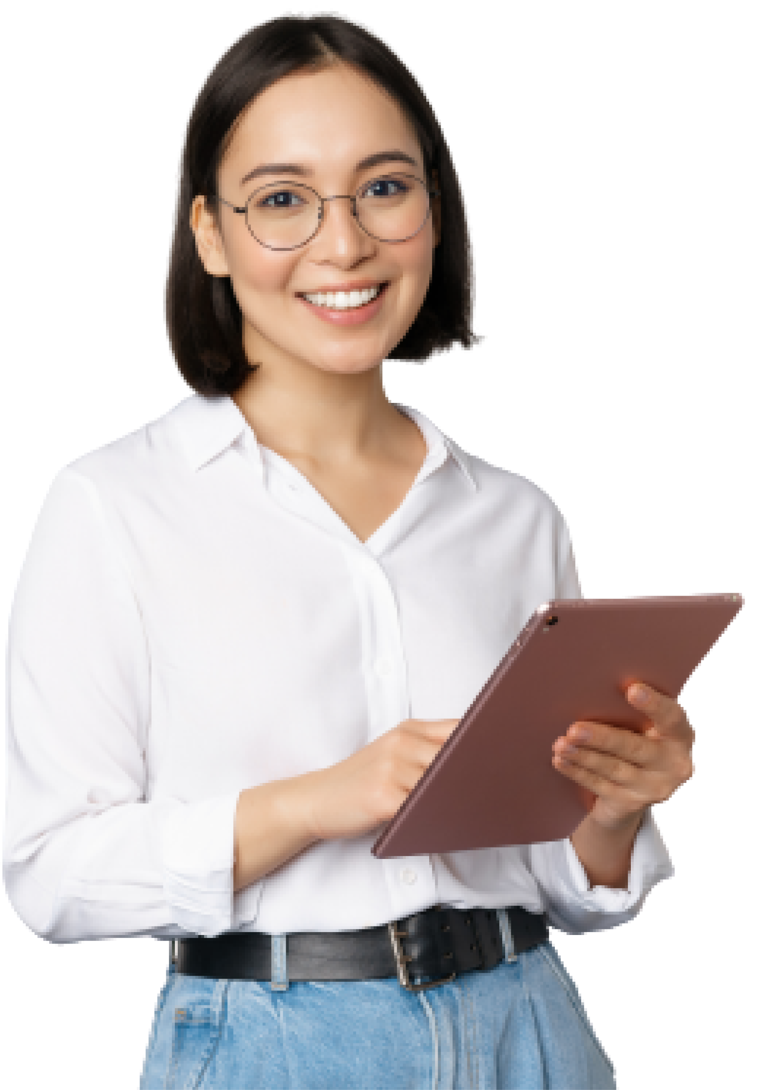 a woman holding a tablet