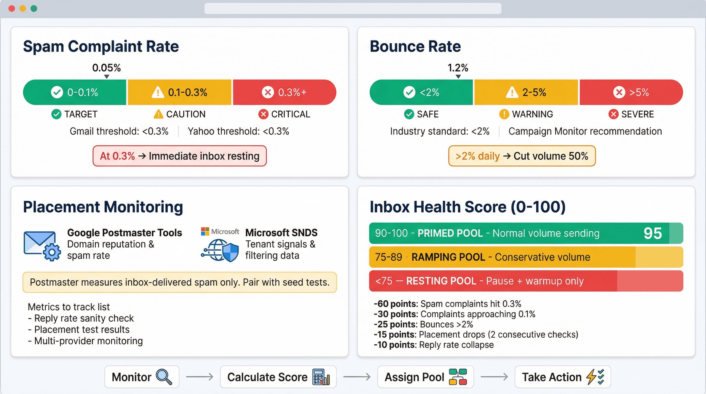 Email inbox health monitoring dashboard showing spam complaint rates, bounce rates, inbox placement tracking, and 0-100 health score framework with pool assignments