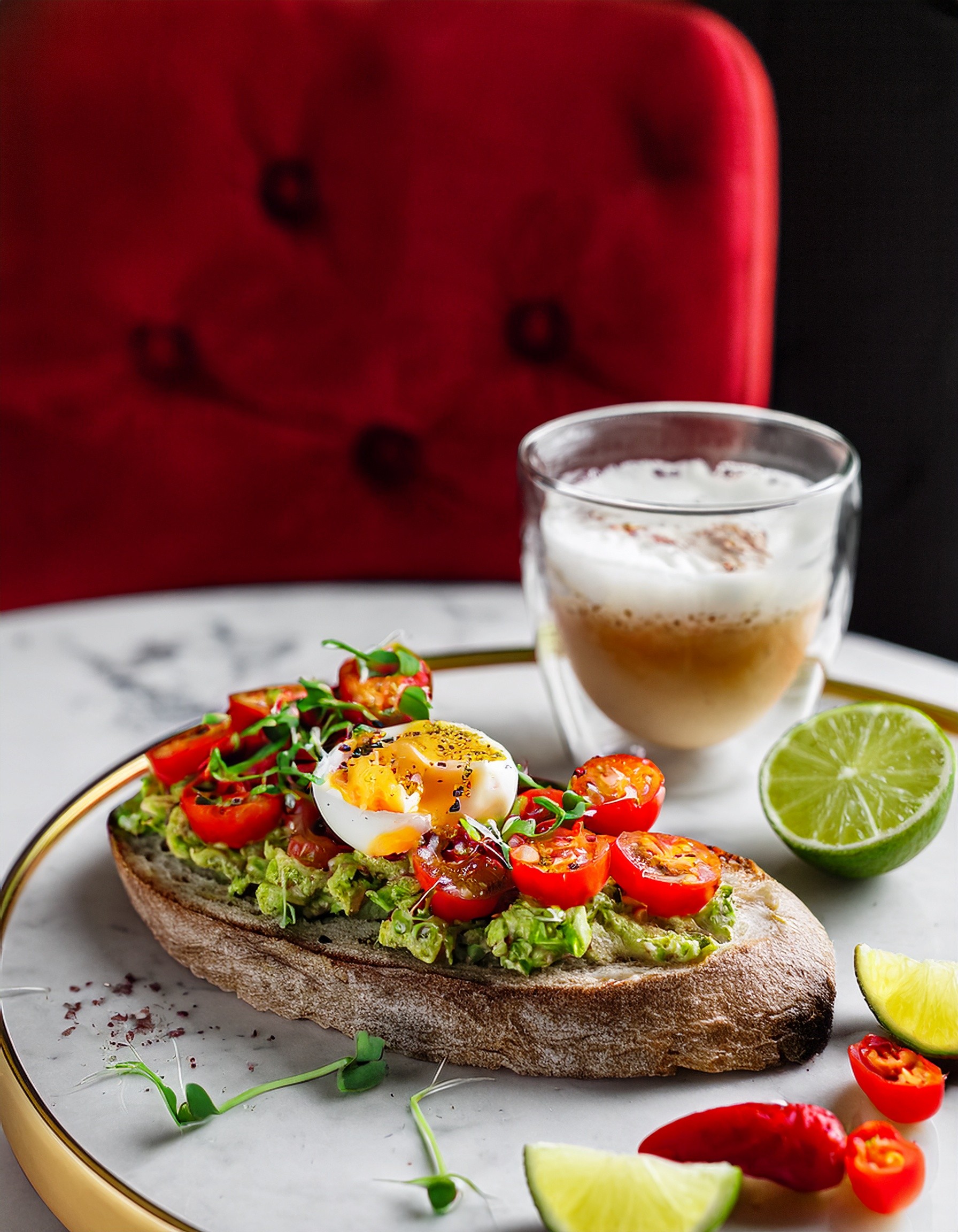 Gurmánský avokádový toast s vejcem naměkko, cherry rajčaty a microgreens, servírovaný s latté a čerstvou limetkou na mramorovém stole s červenou sametovou židlí v kavárně Neon Goddess.