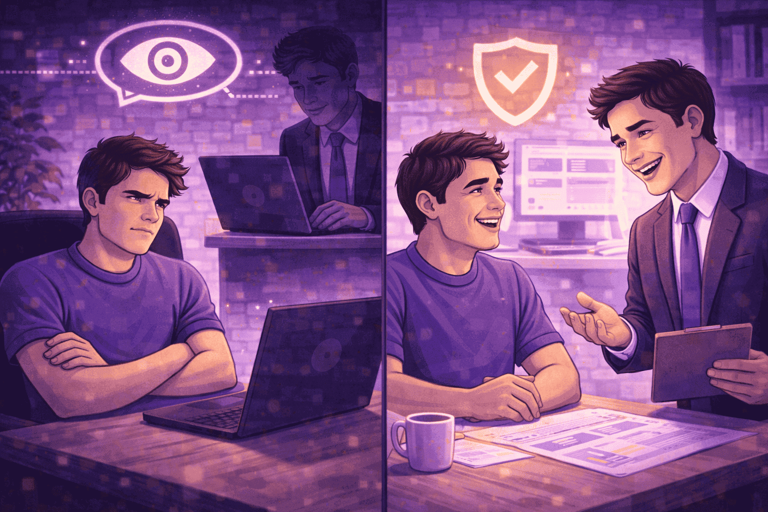 Split-screen comparison showing an employee feeling uncomfortable under hidden monitoring on one side and smiling during an open productivity discussion with a manager on the other side.