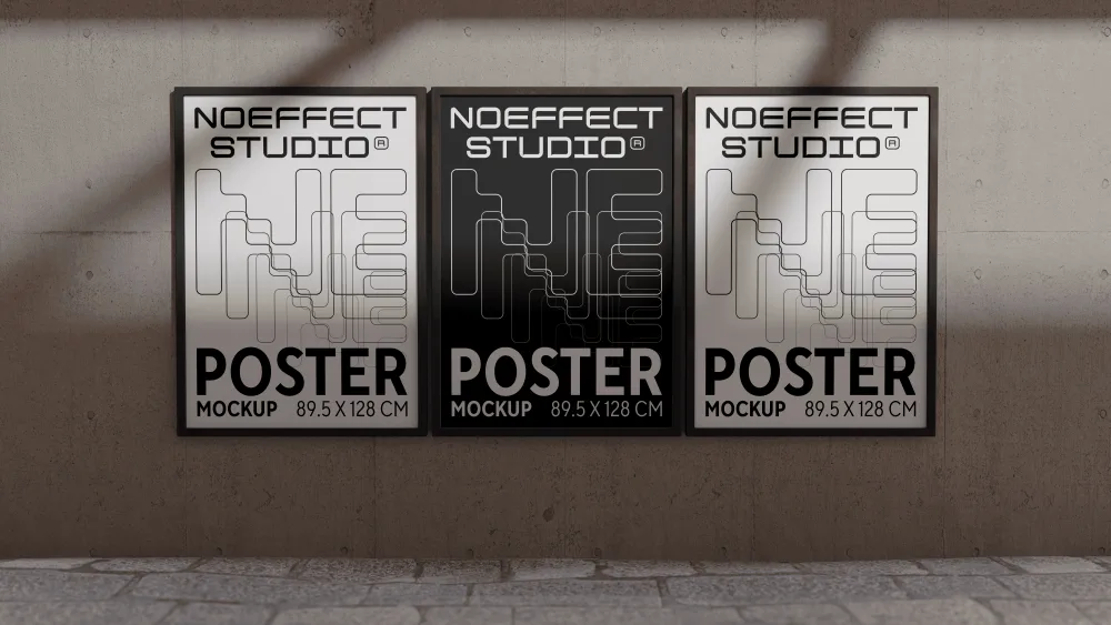 Set of three modern poster mockups displayed on a concrete wall, featuring minimalist designs with geometric lines in white and black tones. The scene has soft shadows and a textured floor.