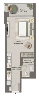 Floor plan of a small apartment featuring a bed, kitchen, and bathroom, designed by ARIA by Beyond.