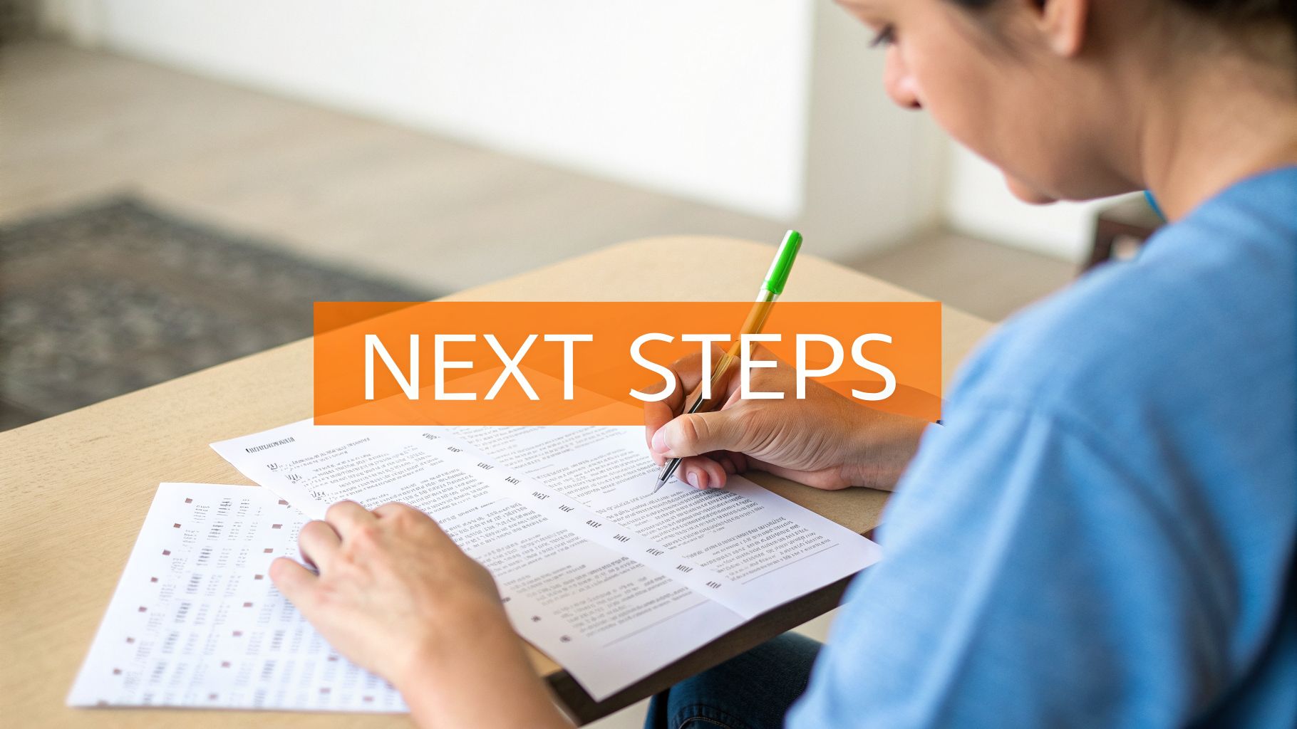 A person focuses on filling out a paper test or assessment with a pen.