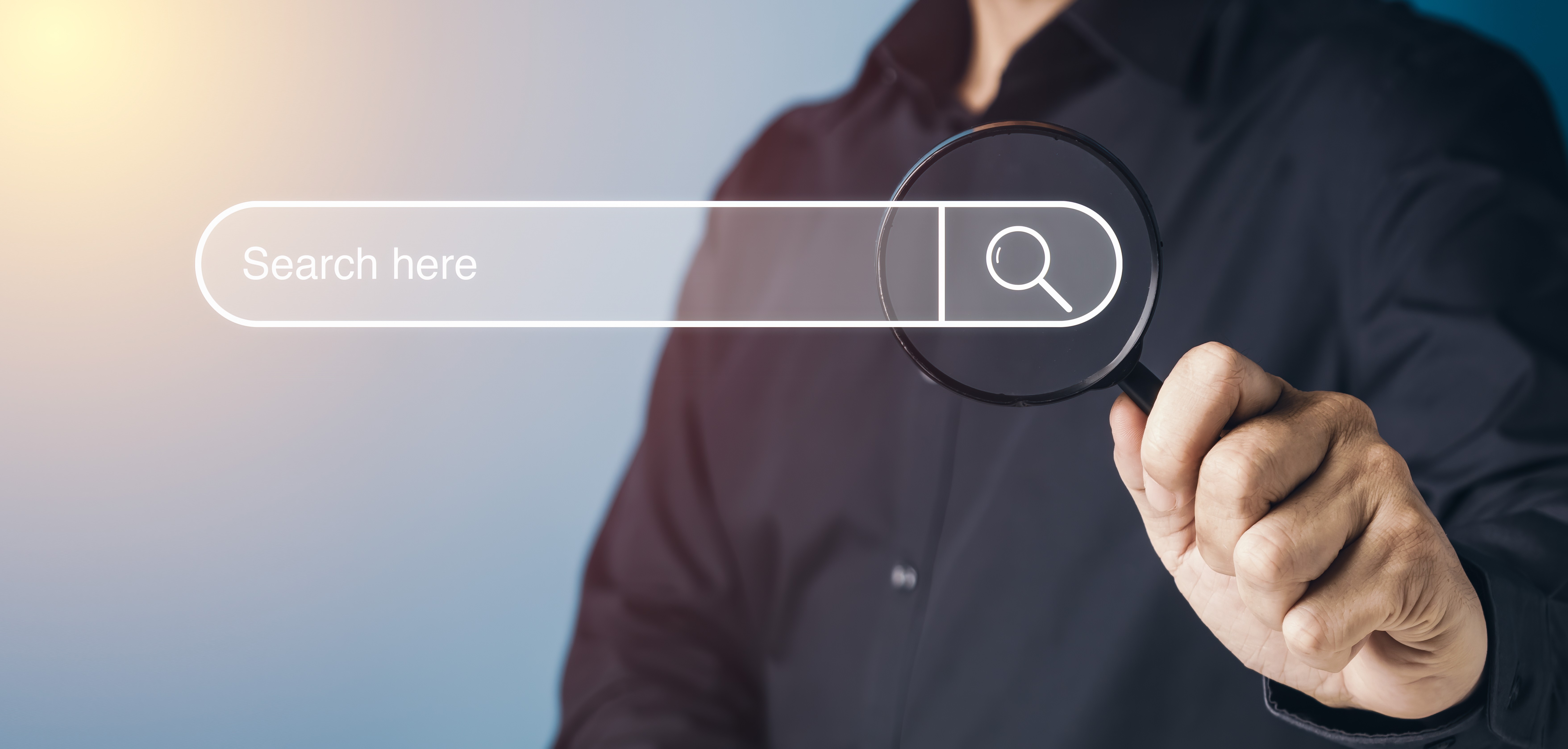 Image of a client searching for a law firm via a search bar holding a magnifying glass.