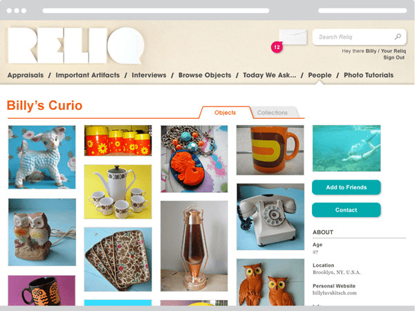 A screenshot of a RELIO website displays a collection of images organized under "Objects" and "Collections." The "Objects" section includes various items like a lamb, teapot, orange object, necklace, teacups, telephone, owl figurines, candle holder, and owl figurines. The "Collections" section shows images of a blue sky, a person underwater, and text reading “Hey there Billy / Your Reliq Sign Out.” Navigation links like “Appraisals,” “Important Artifacts,” and “Interviews” are visible at the top. The website has a clean design with a light background and orange accents.