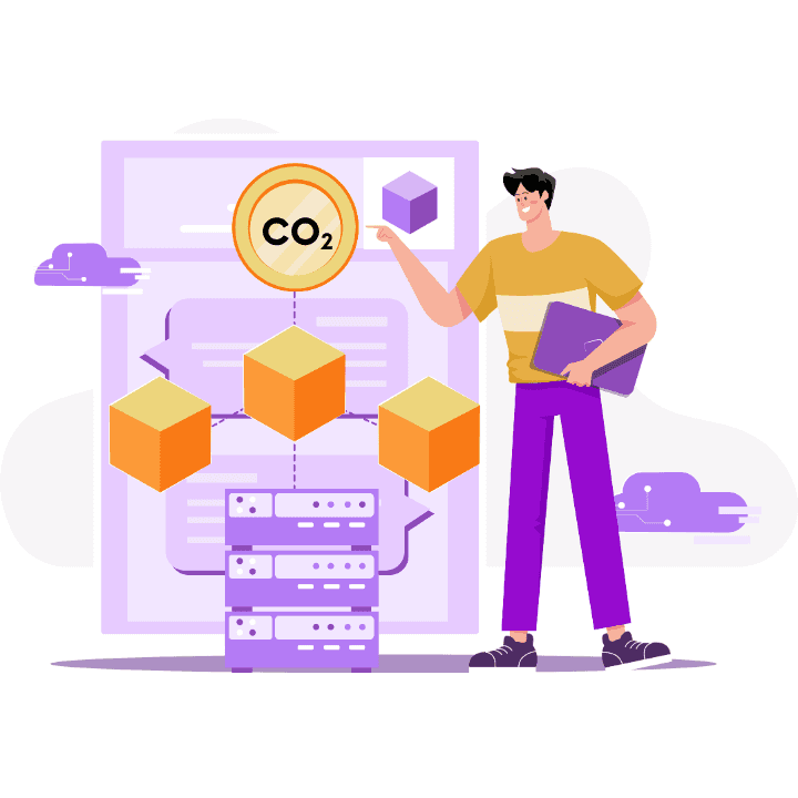Illustration d'une personne debout à côté de serveurs et de blocs de données, pointant vers un symbole CO₂, avec une grande icône de document et des icônes de nuage en arrière-plan.
