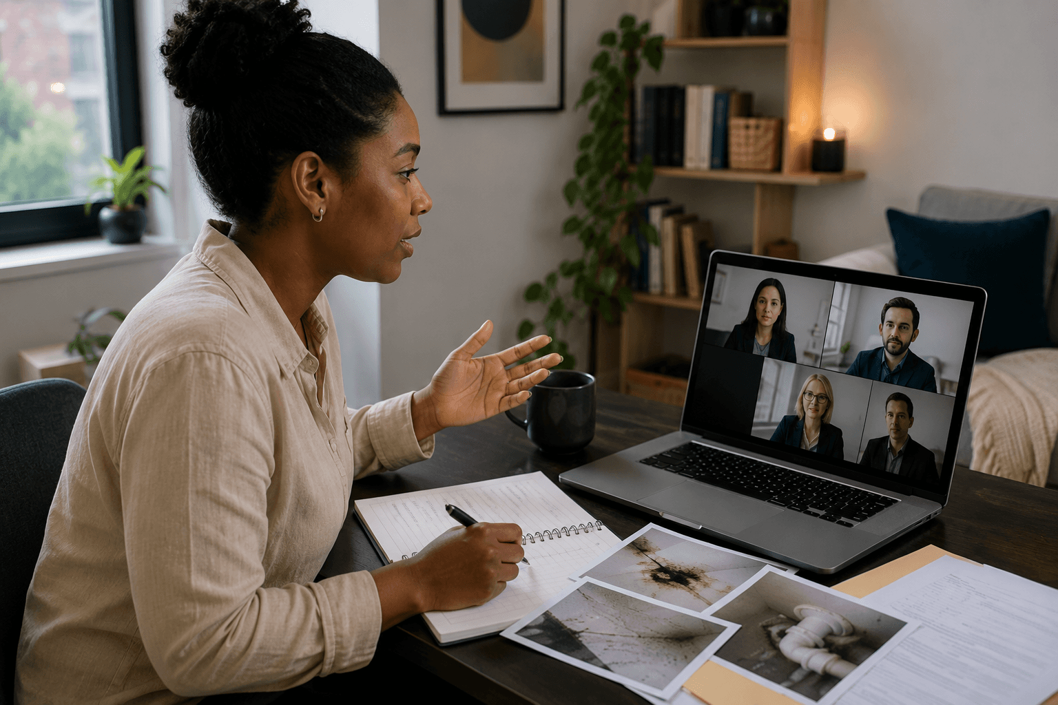 Tenant participating in a virtual legal consultation while reviewing maintenance issues and evidence for a T6 Application in Ontario.
