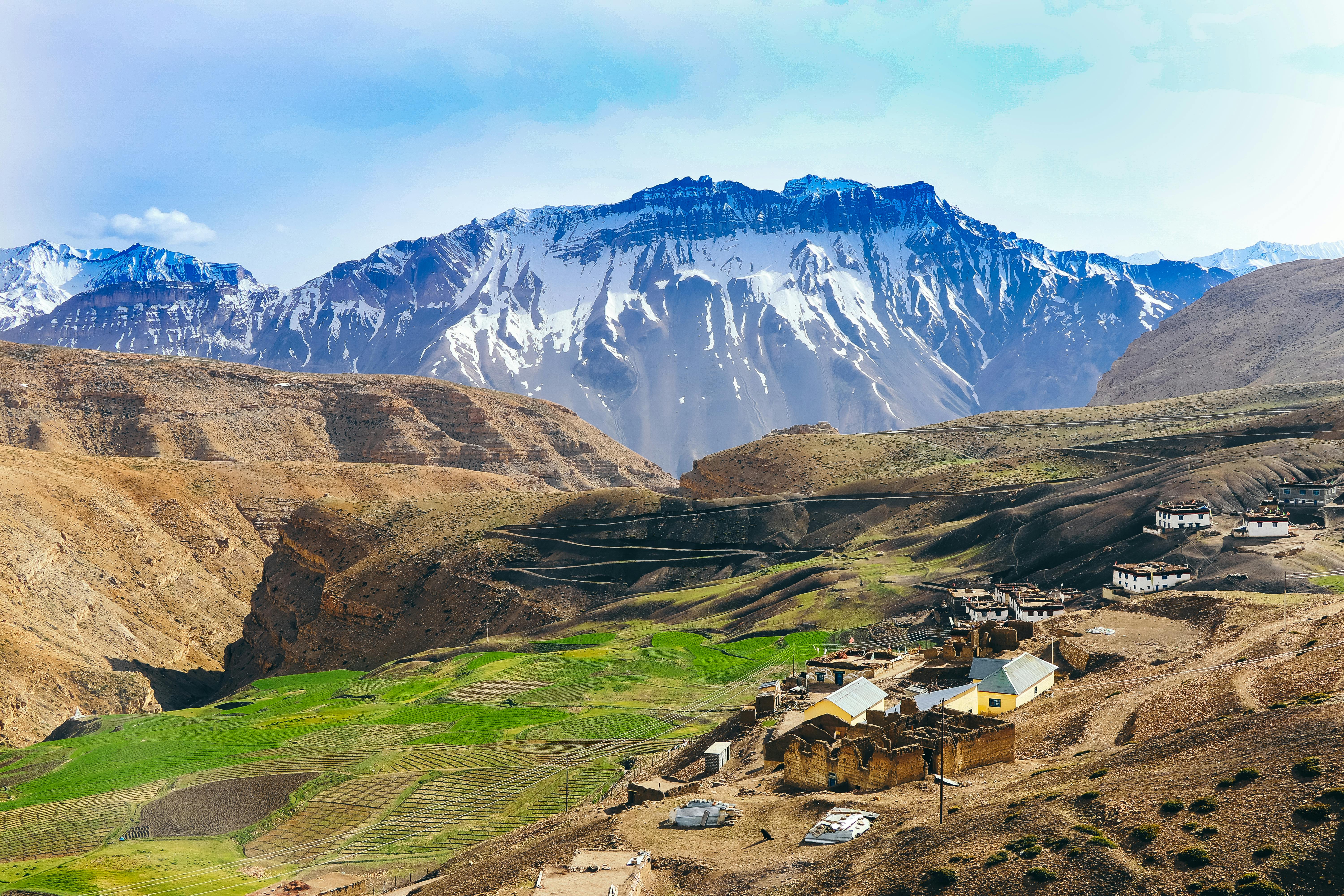 Langza village Spiti Valley with snow capped mountains