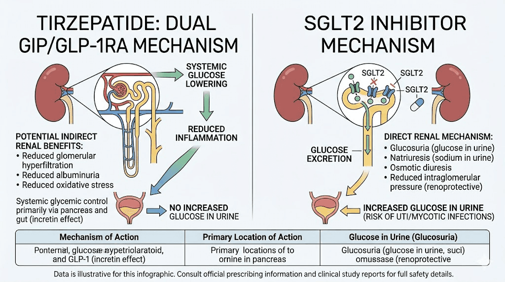 Tirzepatide versus SGLT2 inhibitor mechanism comparison for UTI risk