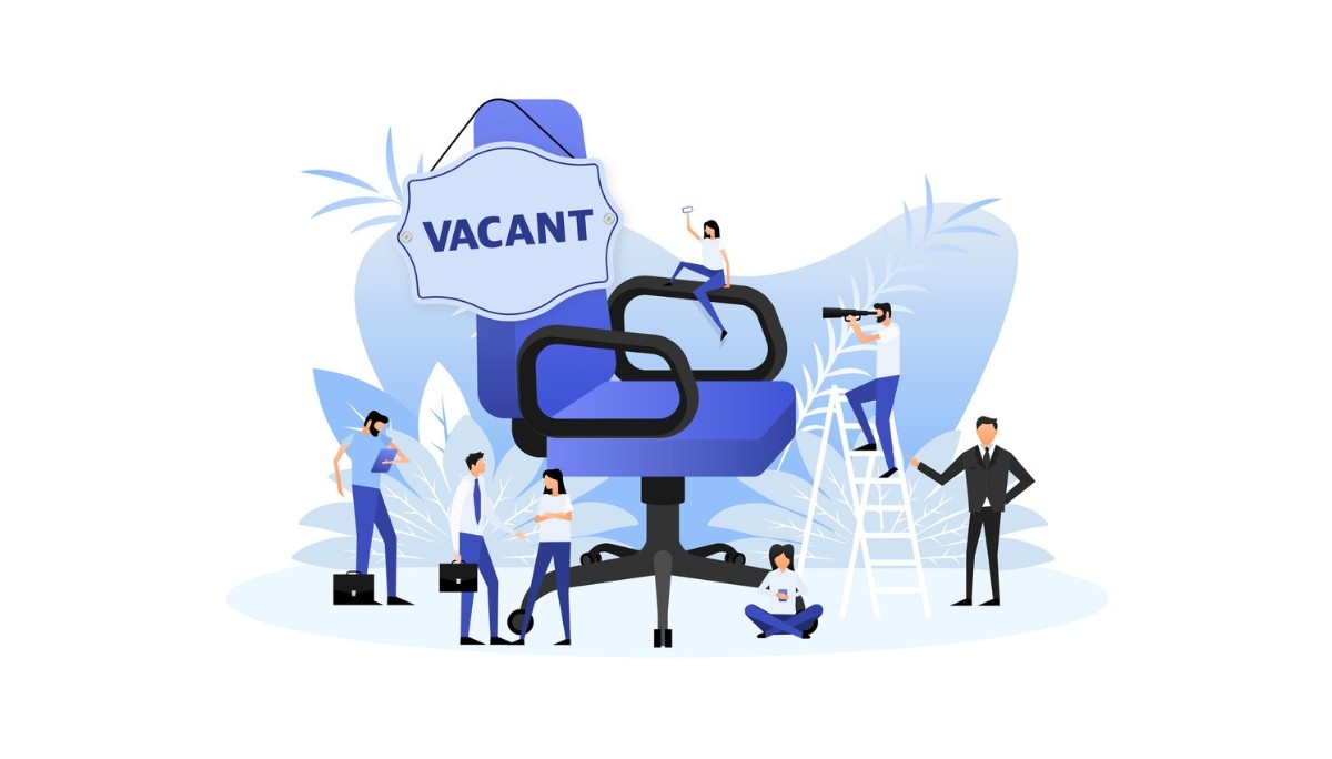 Illustration of a large office chair labeled “VACANT” surrounded by job seekers and recruiters.