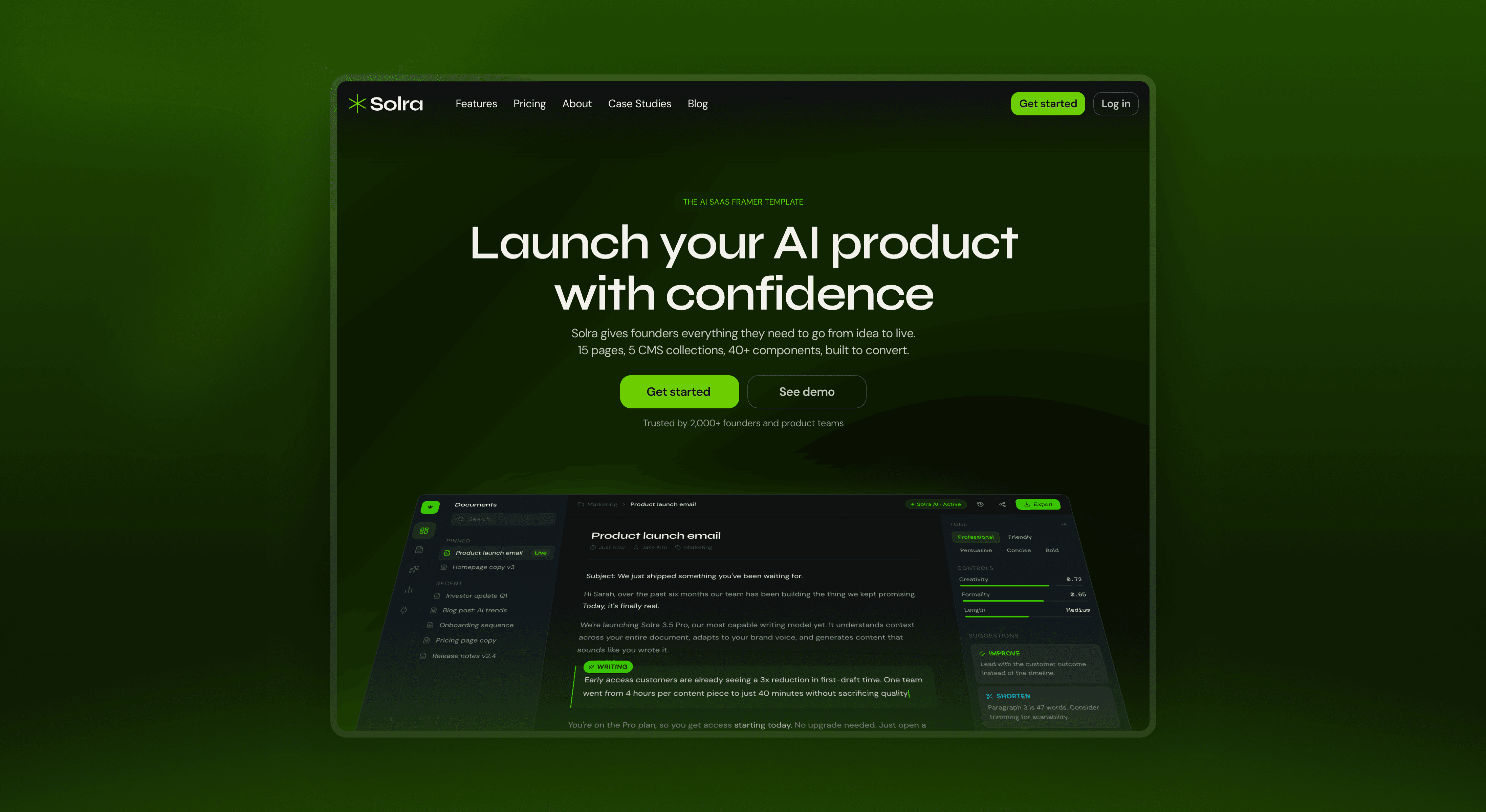 Clarion Framer template homepage showing an AI consulting layout with bold serif headline, orange CTA button, and a soft pastel hero image