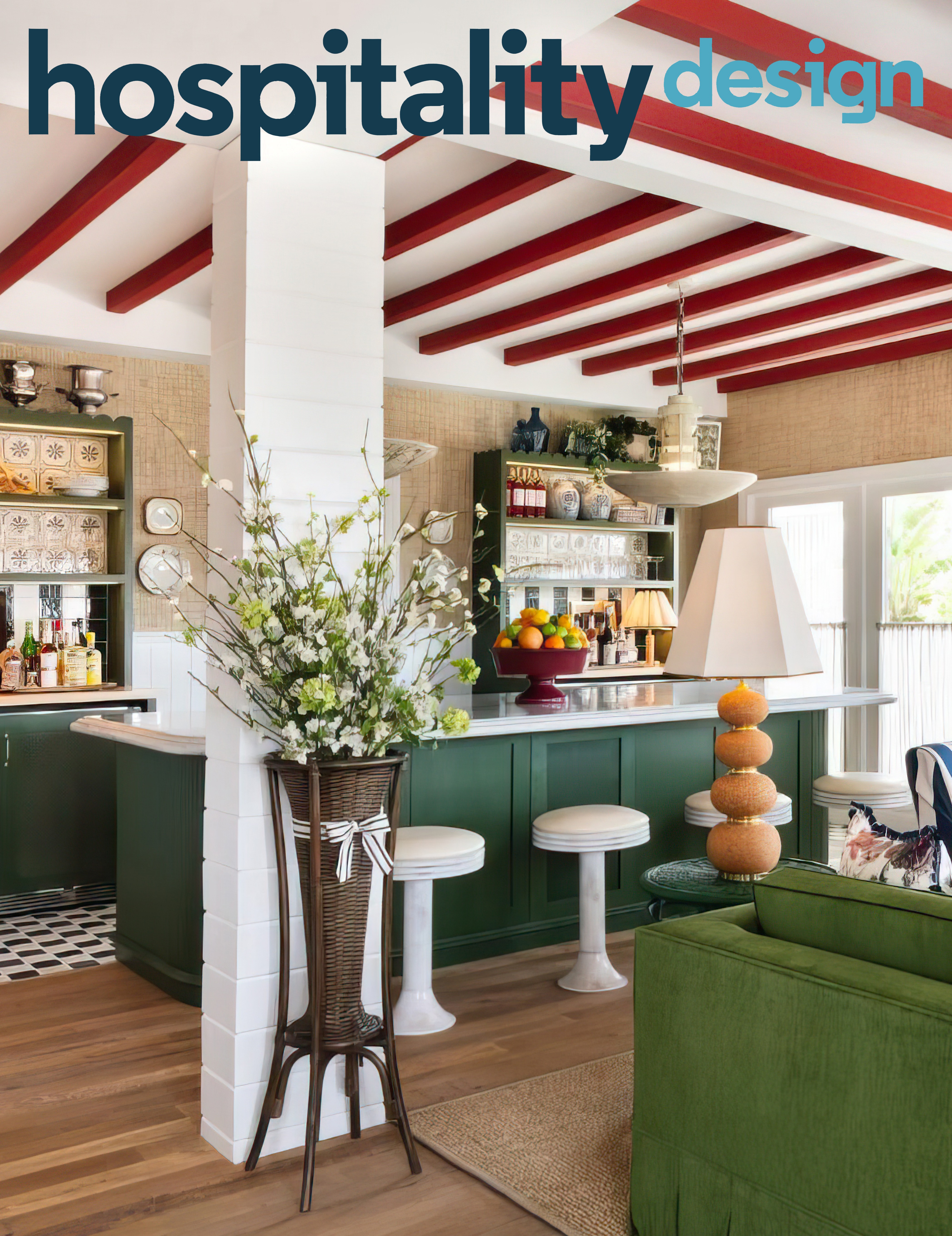 Photo of boutique hotel lobby with flavorful colors cute bar and unique furniture