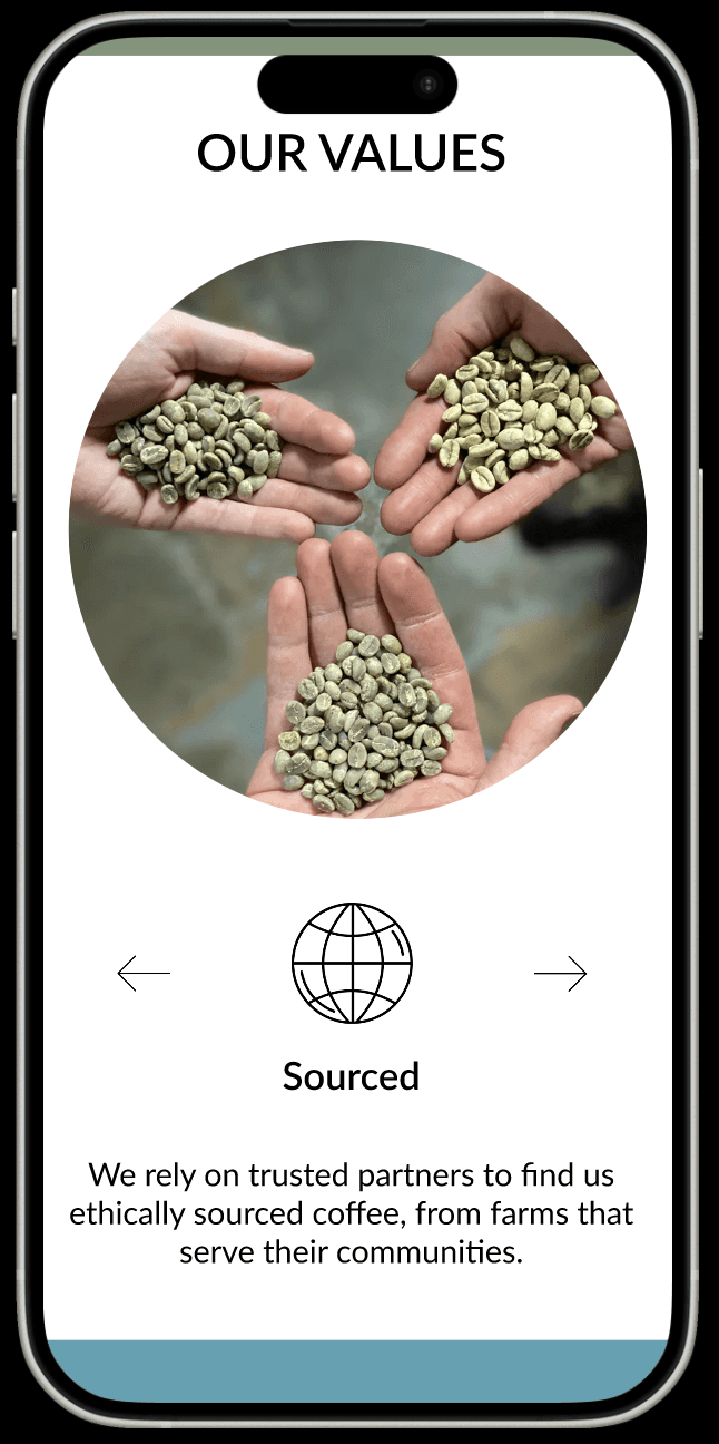 iphone mockup of the 'our values' part of the redesigned RoosRoast homepage