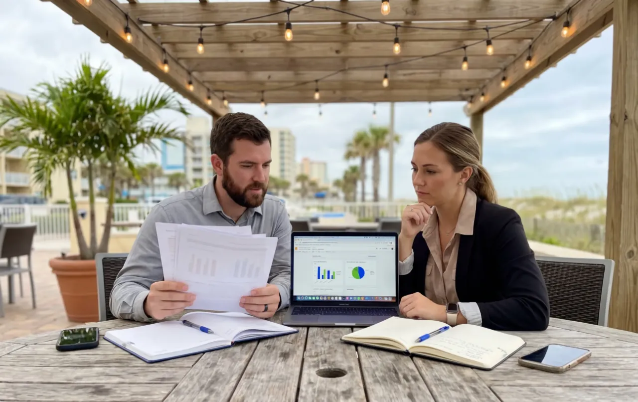 Two people discuss data by a laptop, promoting RockN' Socials Digital Marketing Agency.