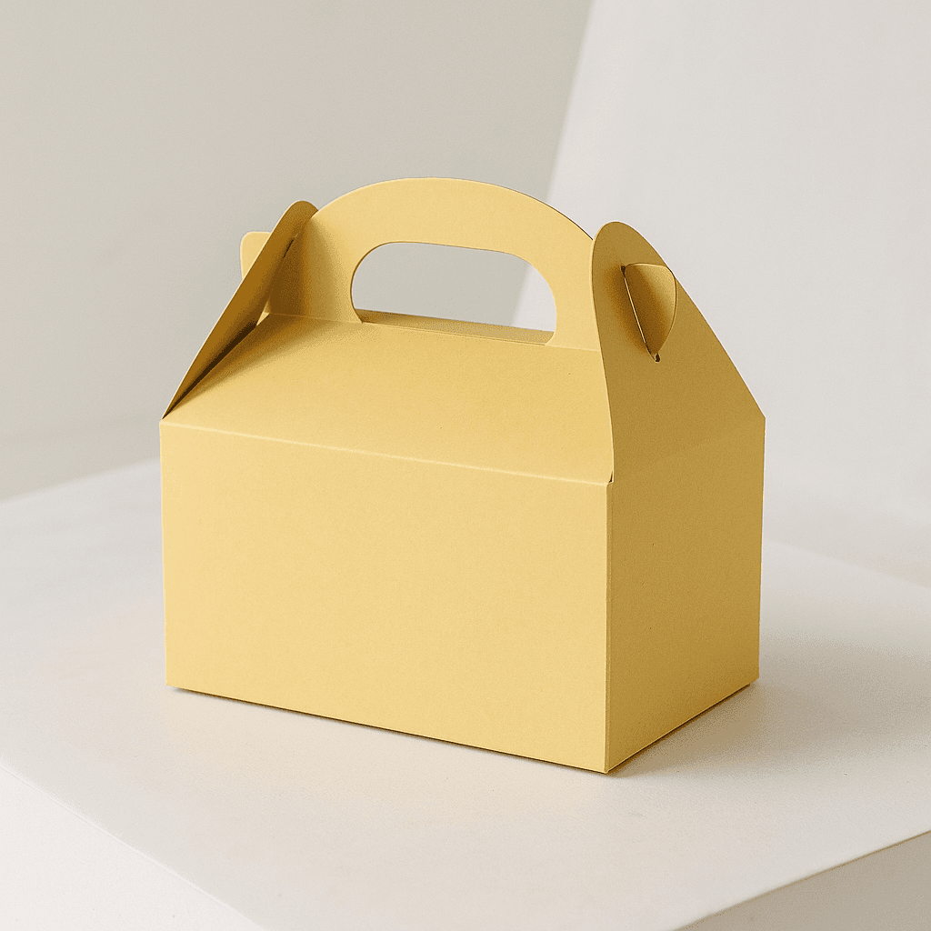 Yellow gable cake box with handle for easy carrying - custom color manufacturing.