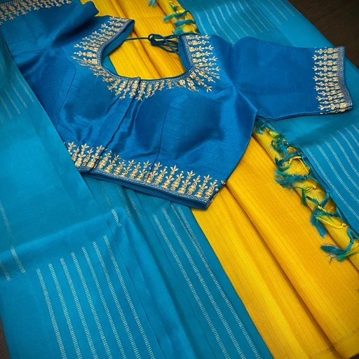 Bright Yellow and Blue Kanchivaram Silk Sare