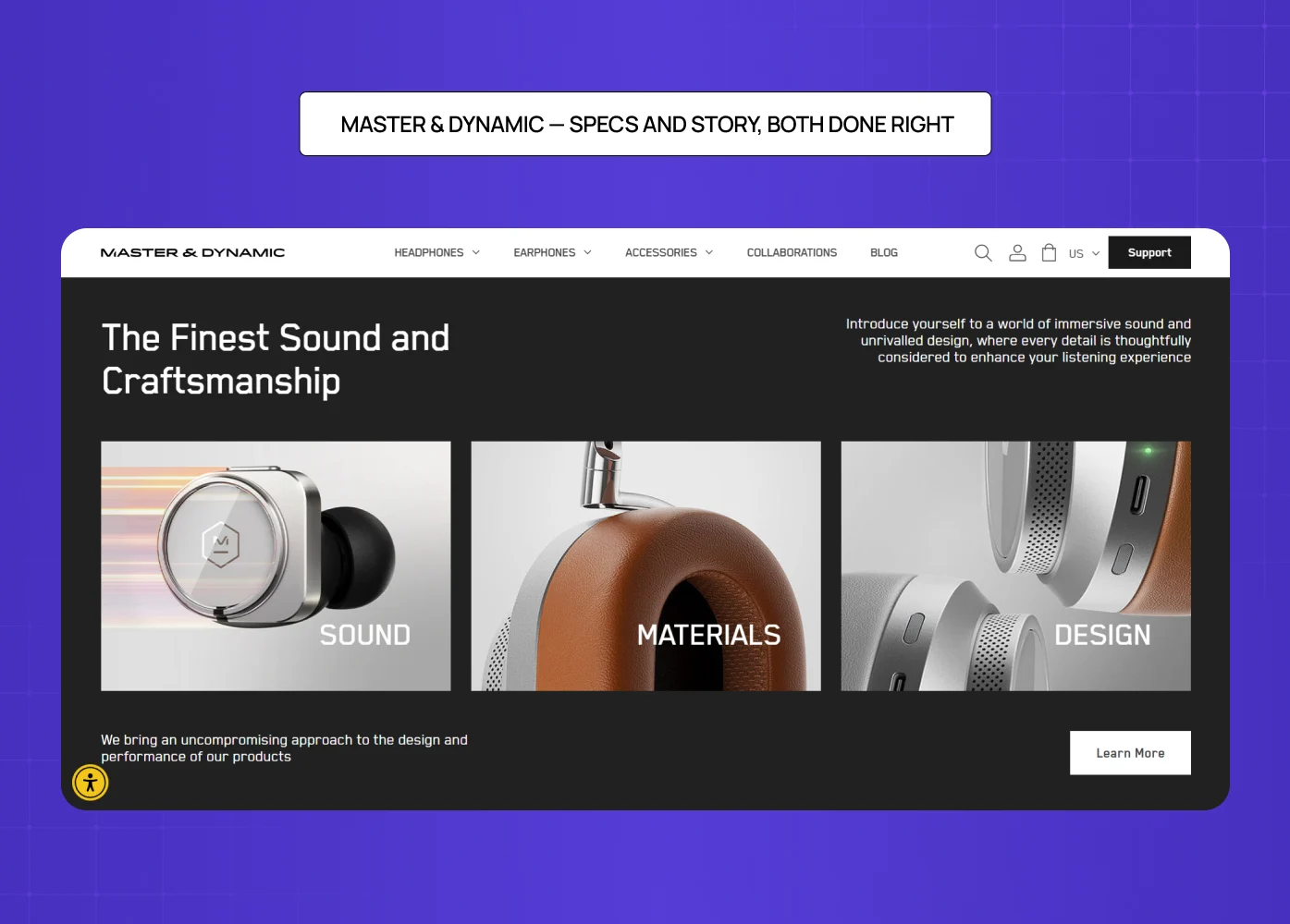 Master & Dynamic page combining product specs and storytelling with visuals of sound, materials, and design. 
