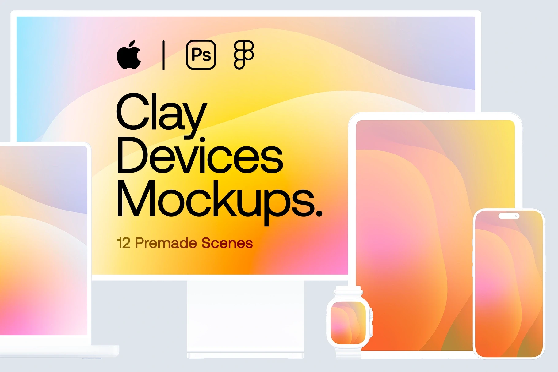 Apple Devices Clay Mockups, featuring 12 high-quality mockup scenes with a sleek clay design.