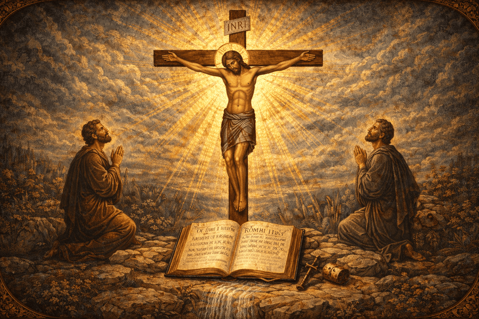 Book of Romans summary Byzantine Christian image of Christ crucified with kneeling figures and an open Bible, symbolising salvation by faith, grace and the Gospel in Romans.
