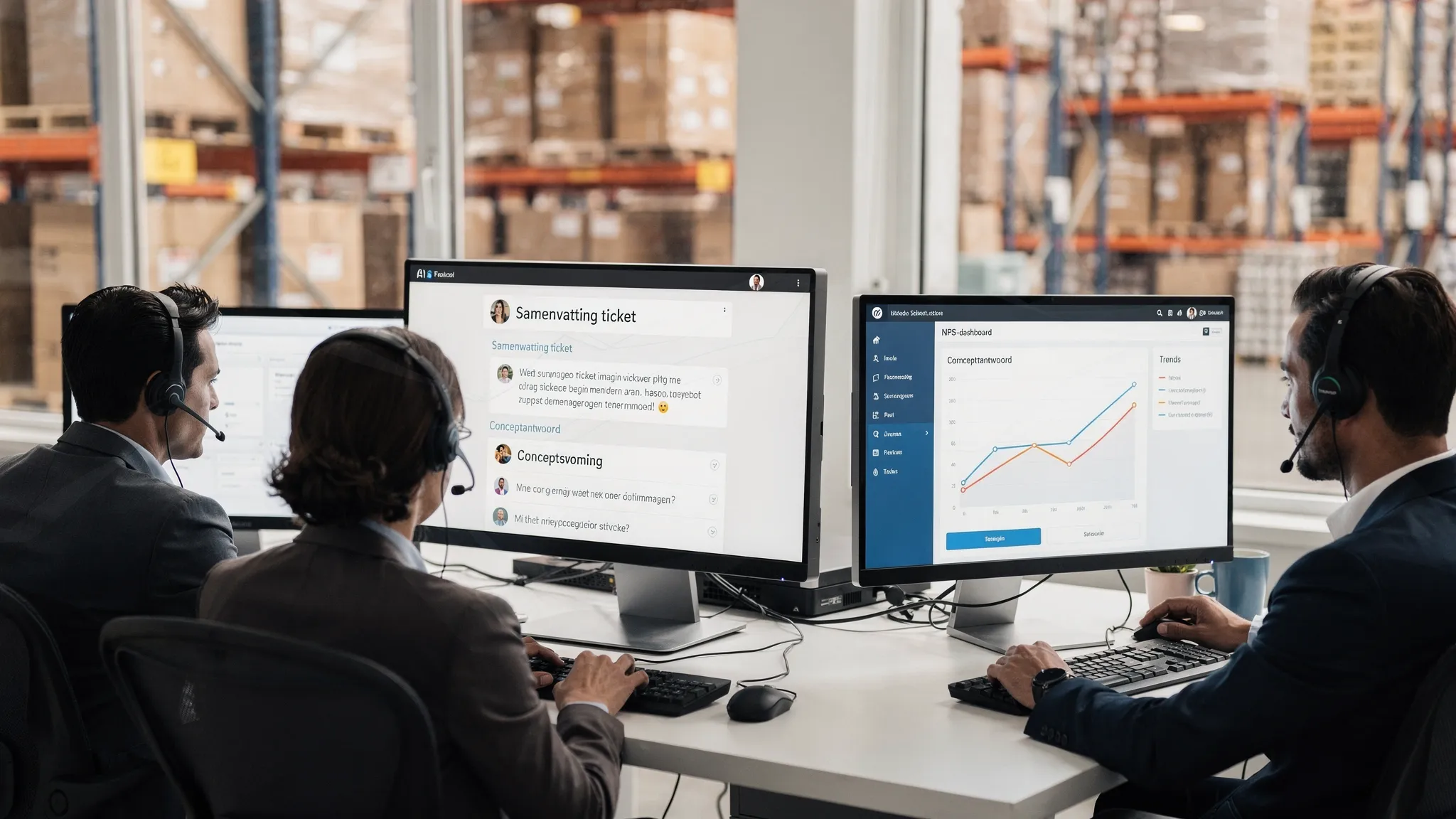 Een B2B serviceteam bij een distributeur werkt achter schermen, terwijl een AI-assistent realtime samenvattingen van tickets toont, conceptantwoorden voorstelt en een NPS-dashboard met trends weergeeft. Op de achtergrond dozen en rekken die een warehouse aanduiden.