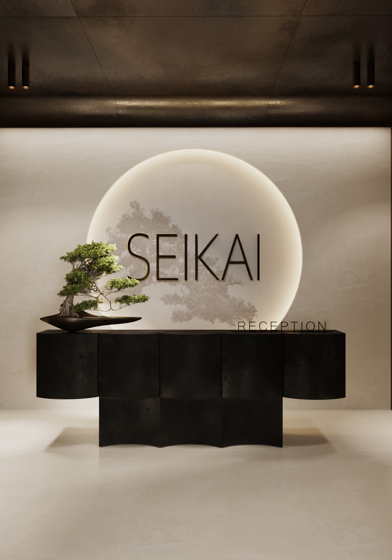SEIKAI reception desk with a bonsai tree and circular light fixture.