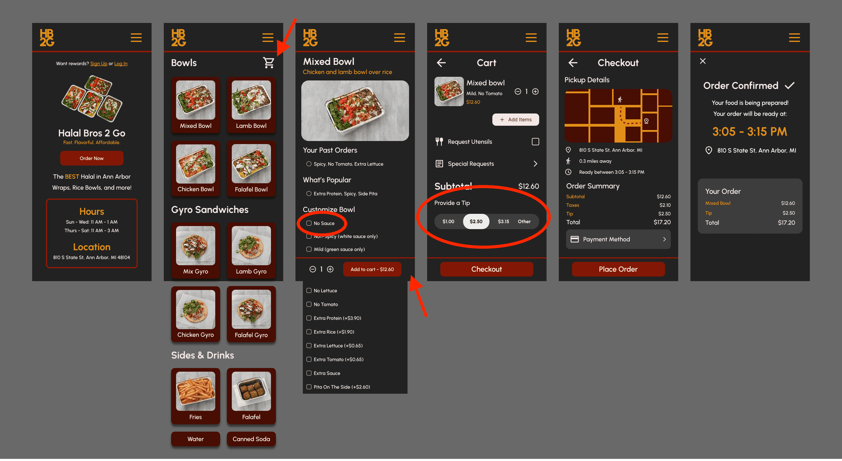 High-fidelity mobile mockups of key order flow screens