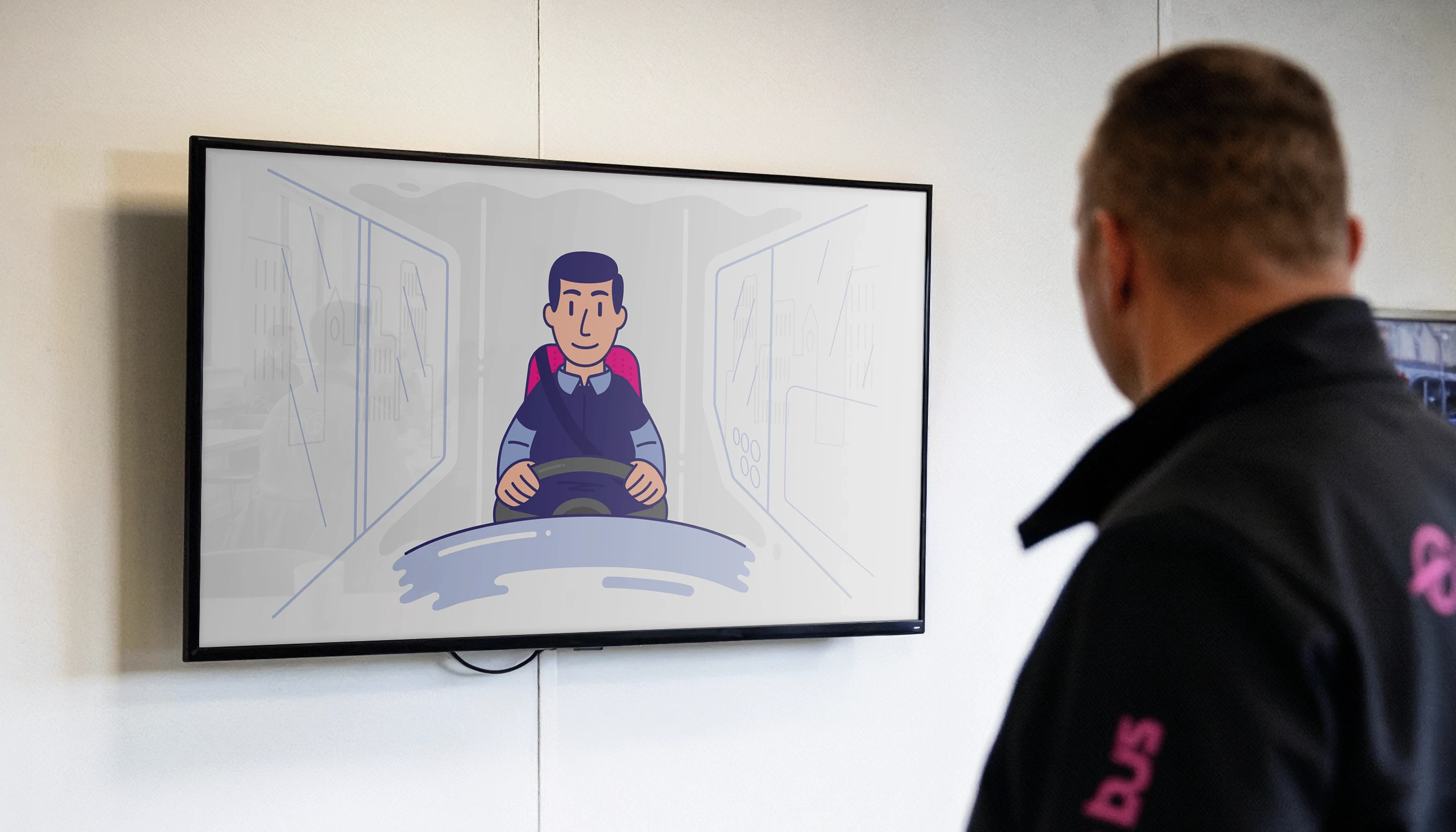 Illustration of First Bus driver in bus cabin driving