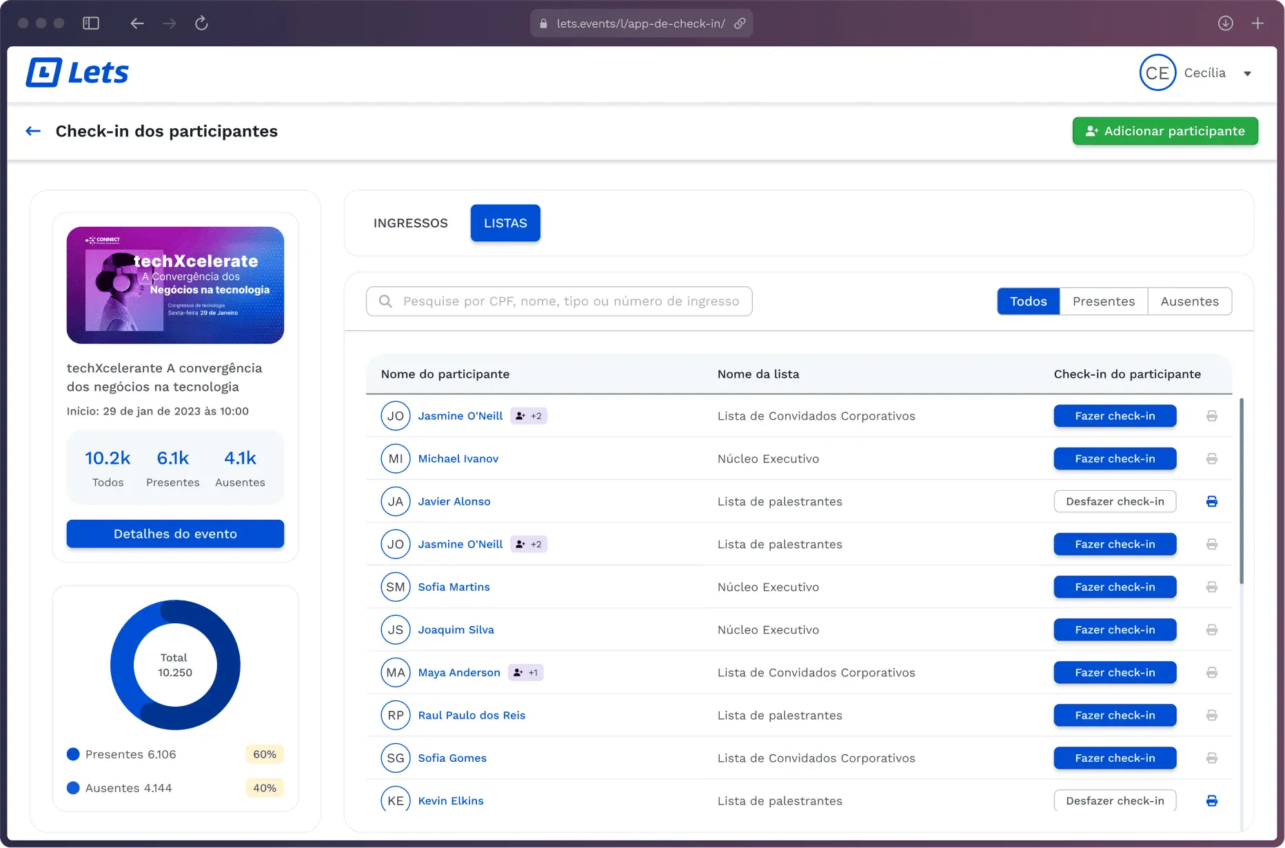 Tela aplicativo de check-in de evento desktop