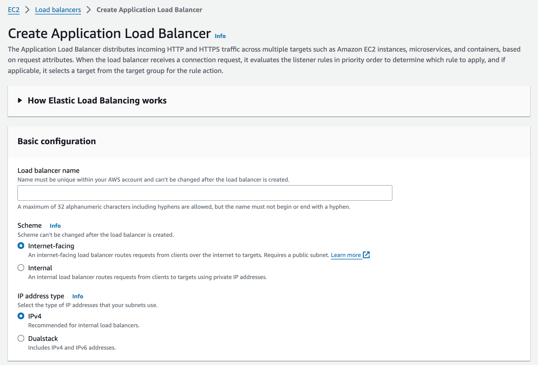 Application Load Balancer Creation Page