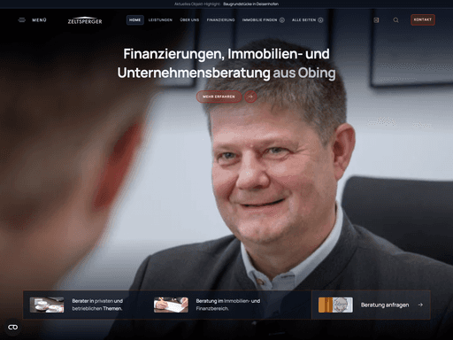 Screenshot der Hero Sektion der Zeltsperger Immobilien & Wirtschaftsberatungs Website mit Hubert Zeltsperger, der lächelt und sich unterhält