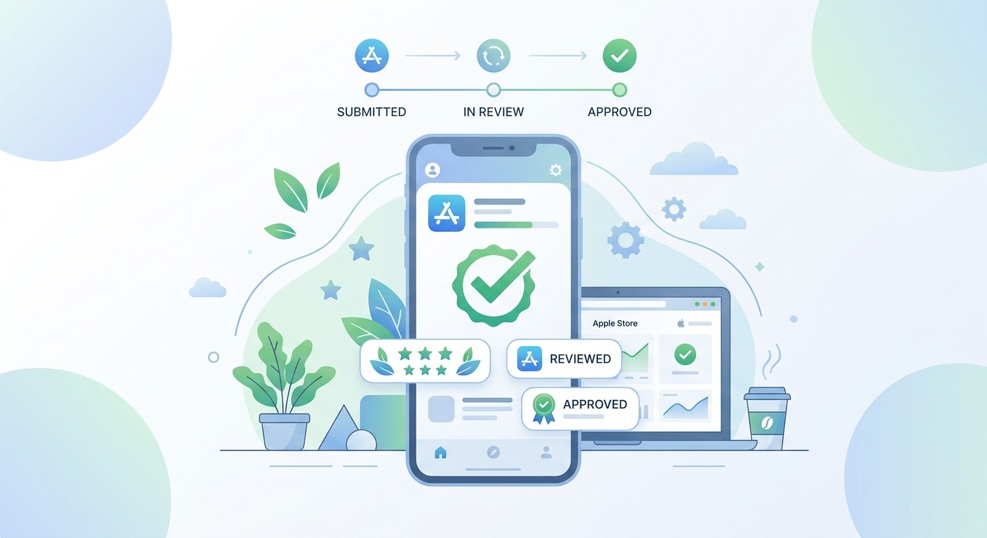A flat illustration of a mobile app moving through app store review from submitted to approved.