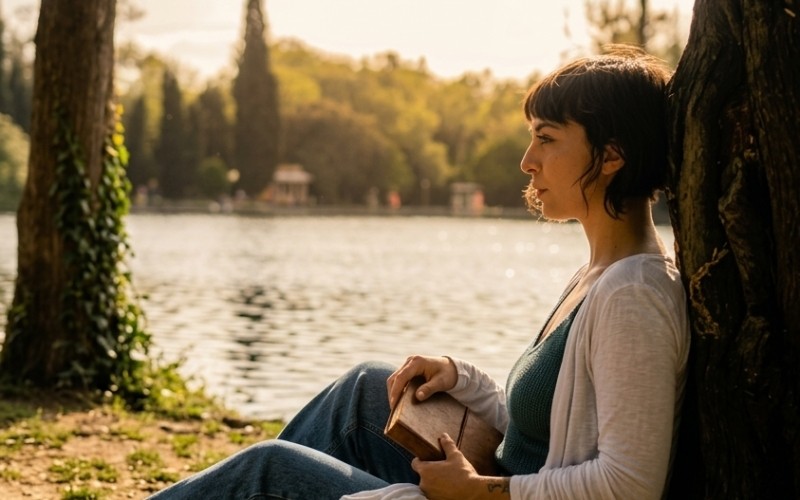 Woman holding a book while contemplating instinct and personal decisions