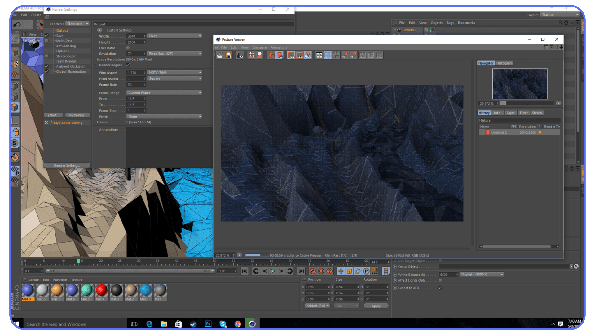 Cinema 4D render settings panel and Picture Viewer displaying a rendered scene preview