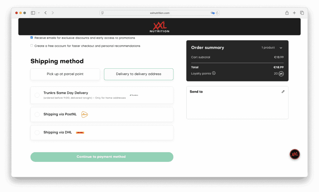 Screenshot of XXL Nutrition's checkout with various delivery options like Trunkrs same day delivery, shipping via PostNL or DHL