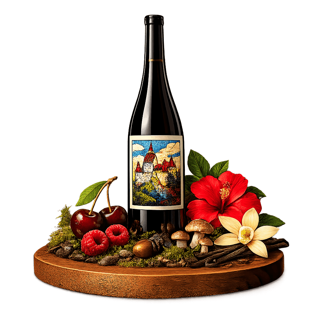 Artistic label and flavor profile for Romanian Pinot Noir on a rustic wooden table.
