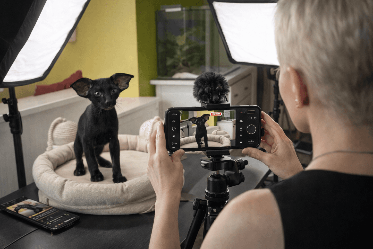 A person with short hair films a small black cat on a cozy bed using a smartphone, surrounded by professional video production lighting equipment.