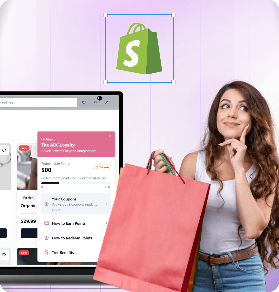 Loyalty program software interface embedded in Shopify storefront showing points, tiers, and customer rewards