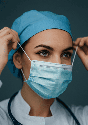 Lekarka w czepku medycznym zakłada maskę