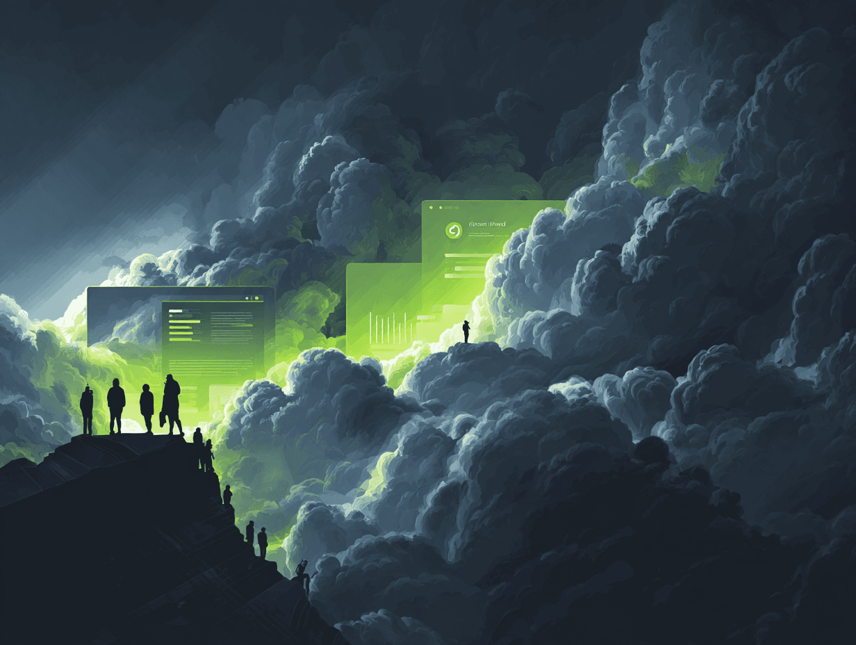people going on a cliff and clouds with glowing screens emerging
