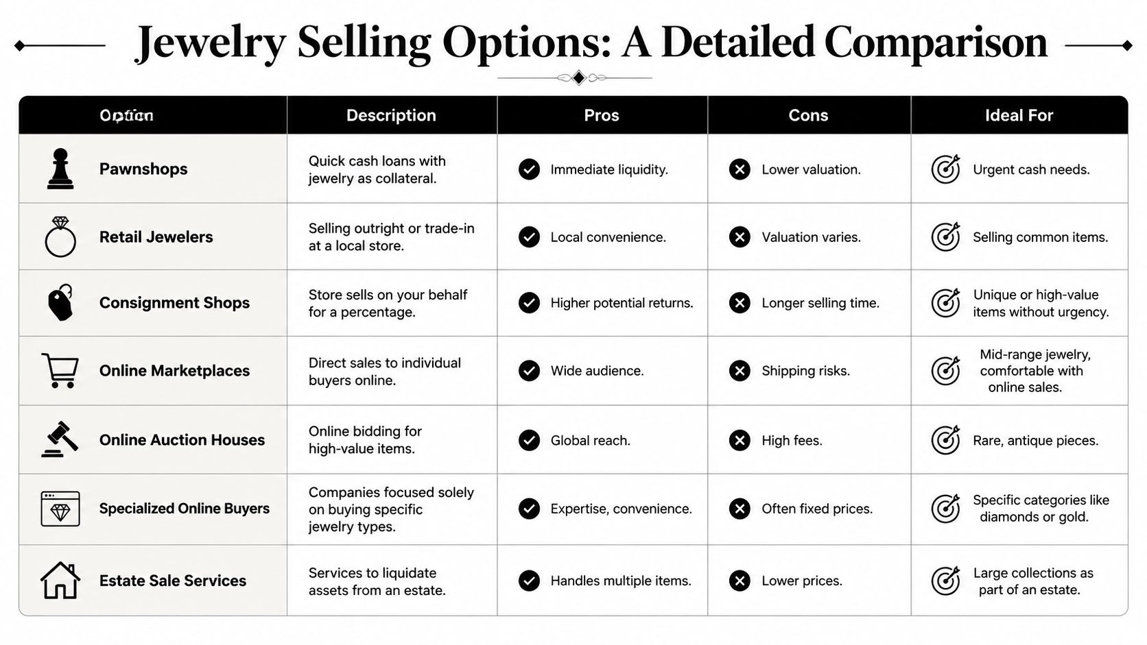 A comparison chart outlining seven different options for selling jewelry, including pros, cons, and ideal scenarios.