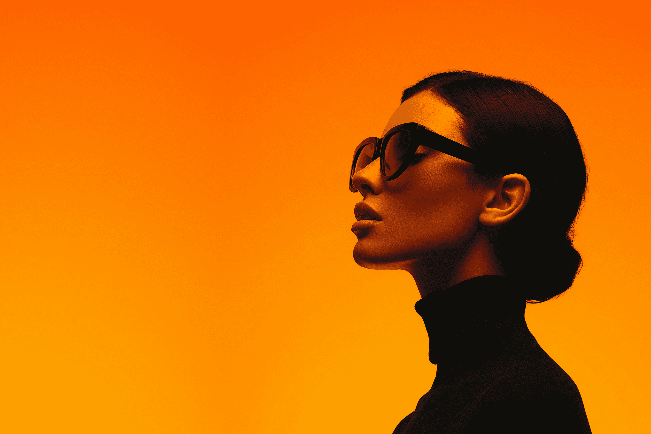 Woman in sunglasses, orange background.