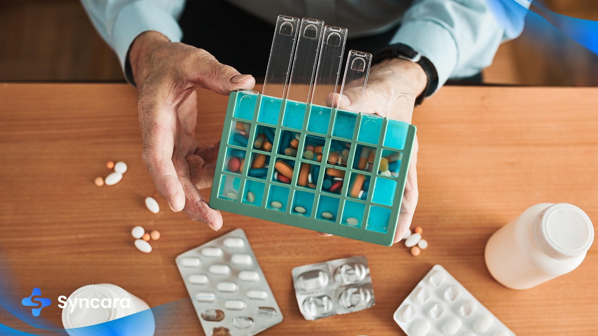Organizing multiple medications into a pill organizer.