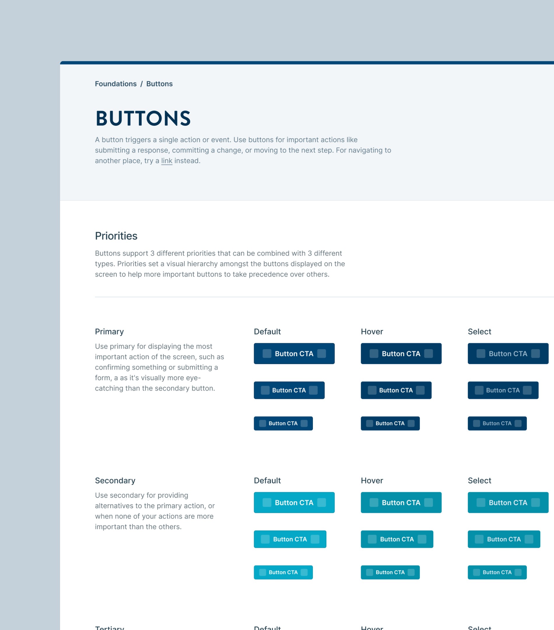 Component library view from Aqua Libra design system featuring button states and priority styles