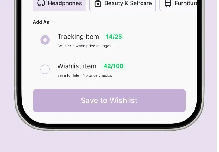 Whisprice Add As screen showing Tracking item and Wishlist item options with a Save to Wishlist button