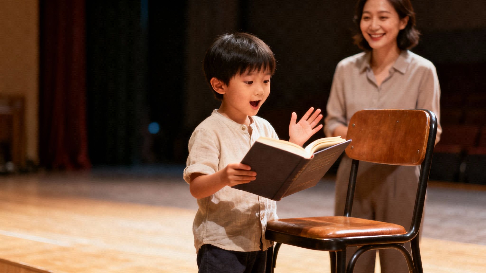 Speak4Me – A learner enthusiastically reading a story aloud, showing clear expression and emotion.